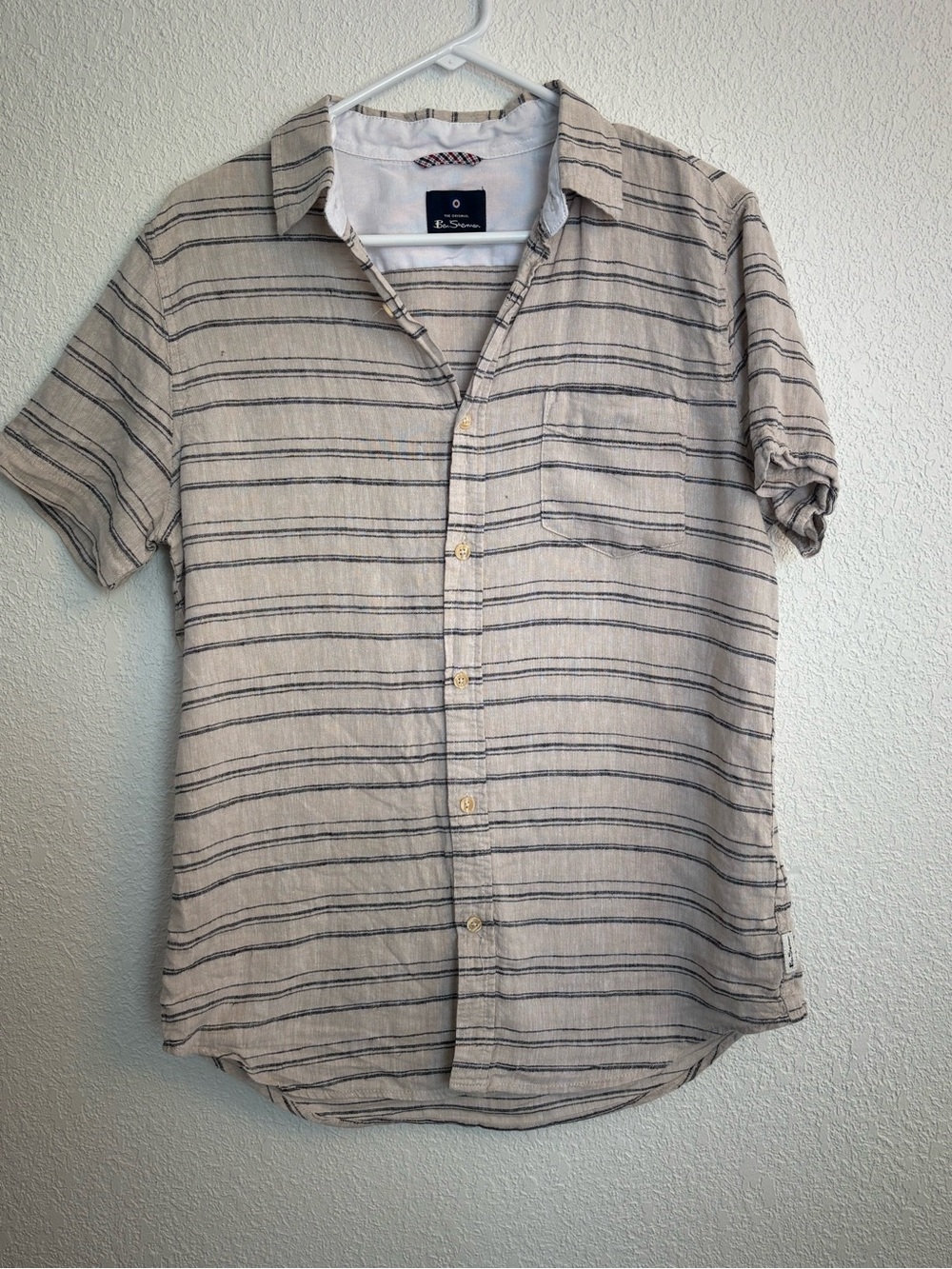 Ben Sherman Beige Short-Sleeve Button-Down with Black Stripe